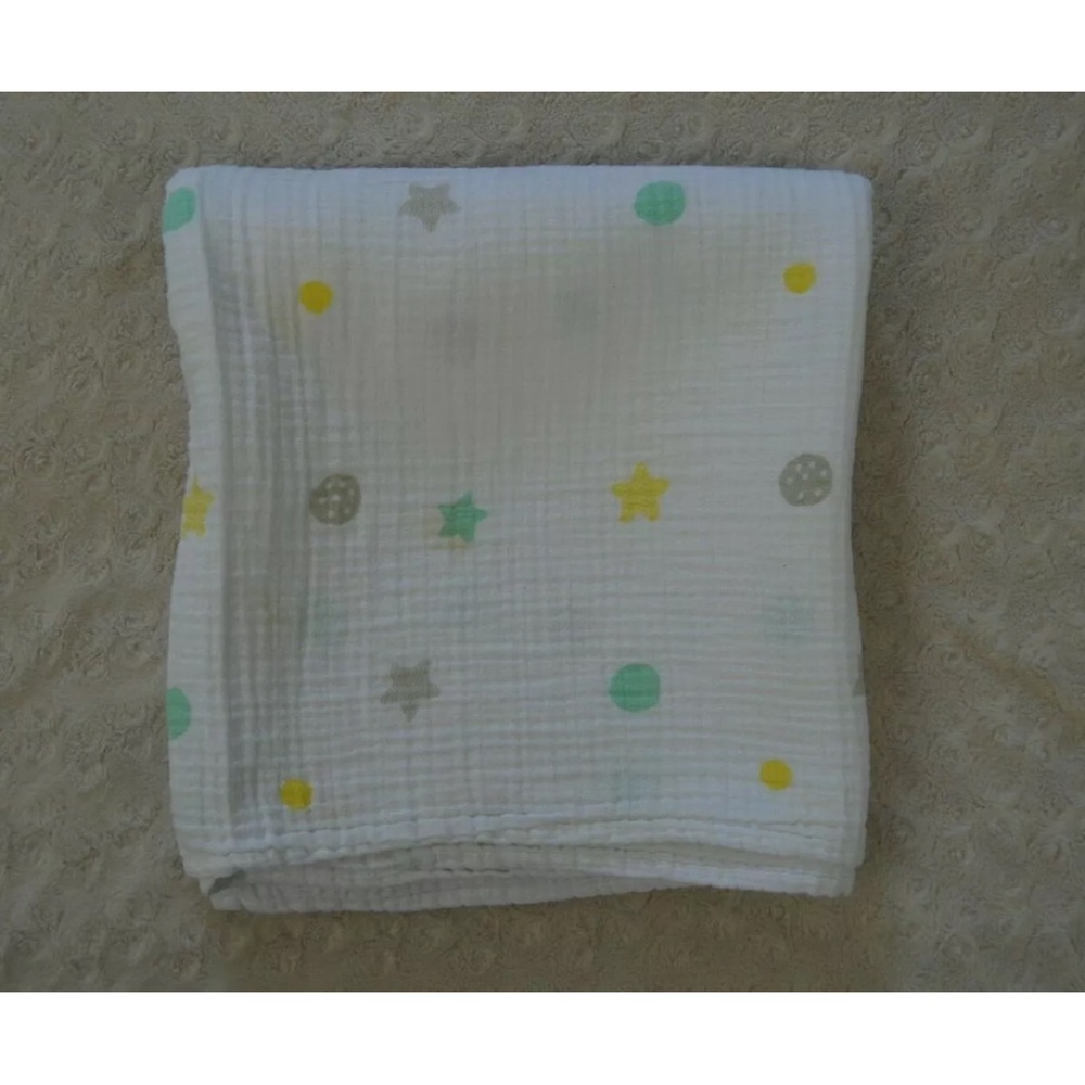 Bear Hugs Polka Dots Stars Baby Blanket Swaddle White Yellow Green Gray Muslin